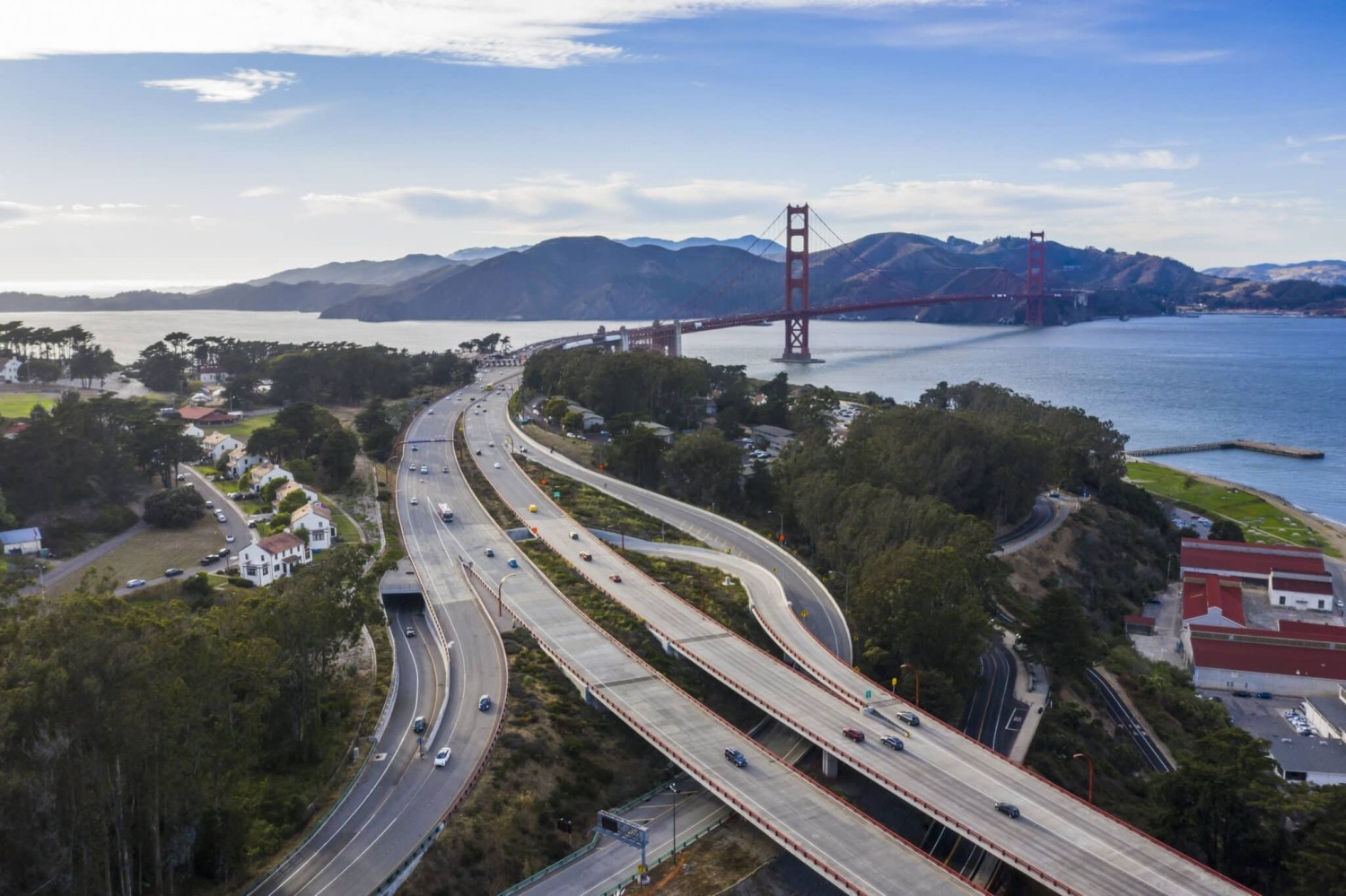 View of the Golden Gate Bridge and Presidio Parkway and road