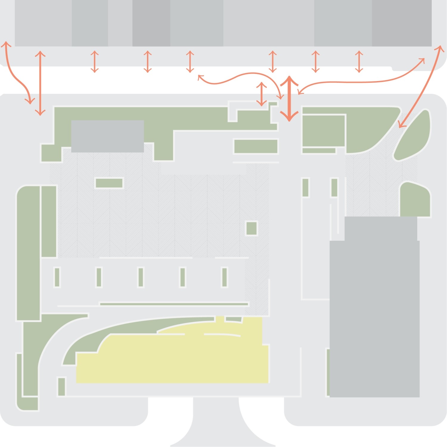 A simple, abstract, birds-eye illustration of Portsmouth Square and Walter U Lum Place (with north pointing east so that Walter U Lum Place is at the top). Many arrows of varying lengths and thicknesses run across Walter U Lum Place, between the buildings on ove side of the street and Portsmouth Square on the other side.