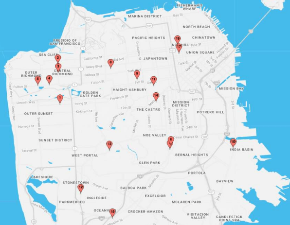 A map with markers showing locations for traffic signal upgrades