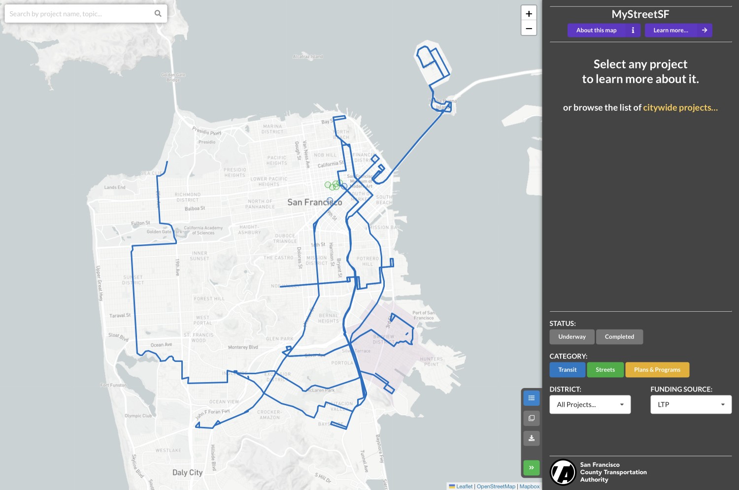 Screenshot of the MyStreetSF interactive map, showing projects funded by the Lifeline Transportation Program.