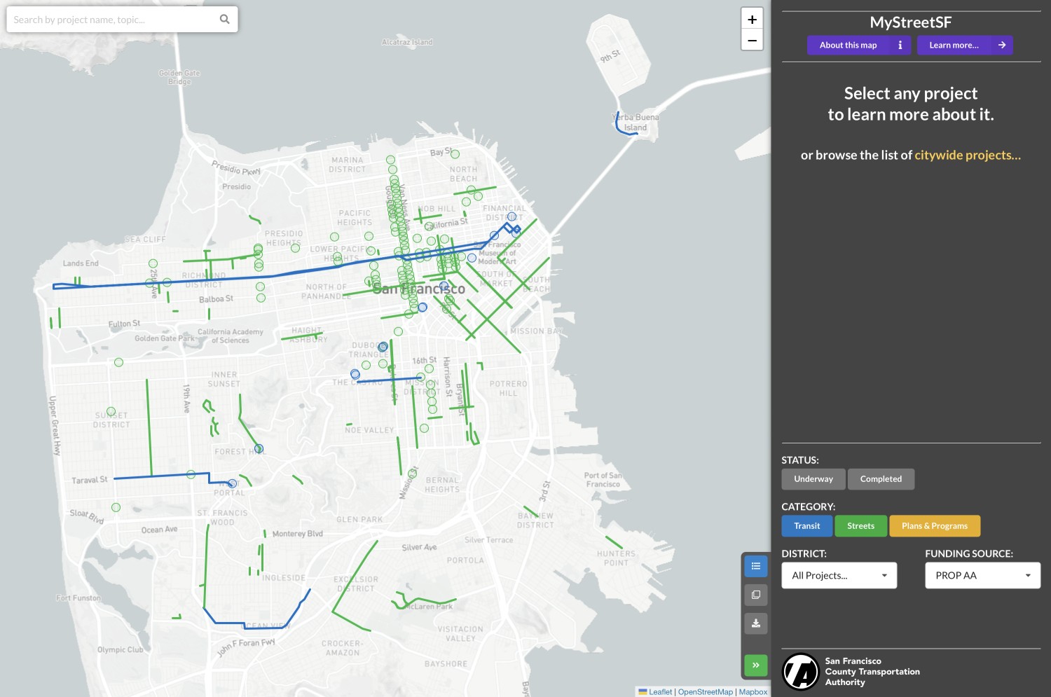 Screenshot of the MyStreetSF interactive map, showing projects funded by Prop AA.