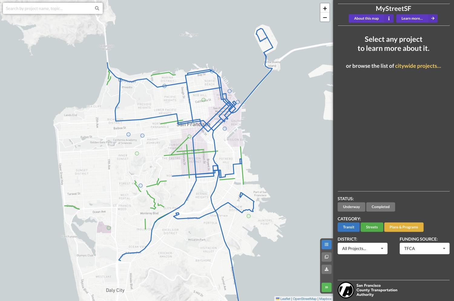 Screenshot of the MyStreetSF interactive map, showing projects funded by the Transportation Fund for Clean Air.