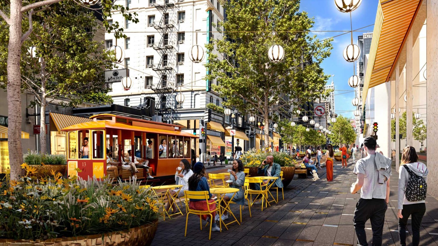 Rendering of improvements along Powell Street including seating, landscaping, and more