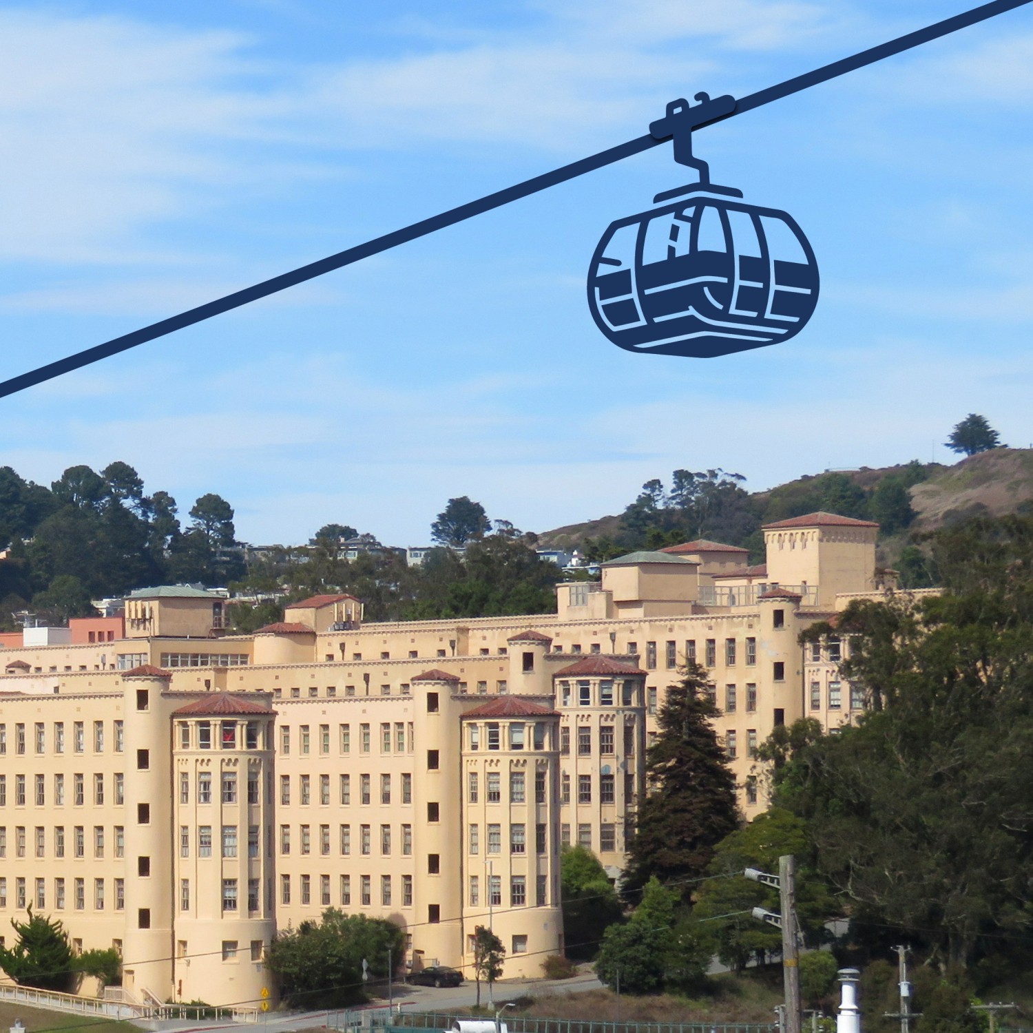 Photo-illustration of a gondola in front of and above the Laguna Honda Hospital and Rehabilitation Center.