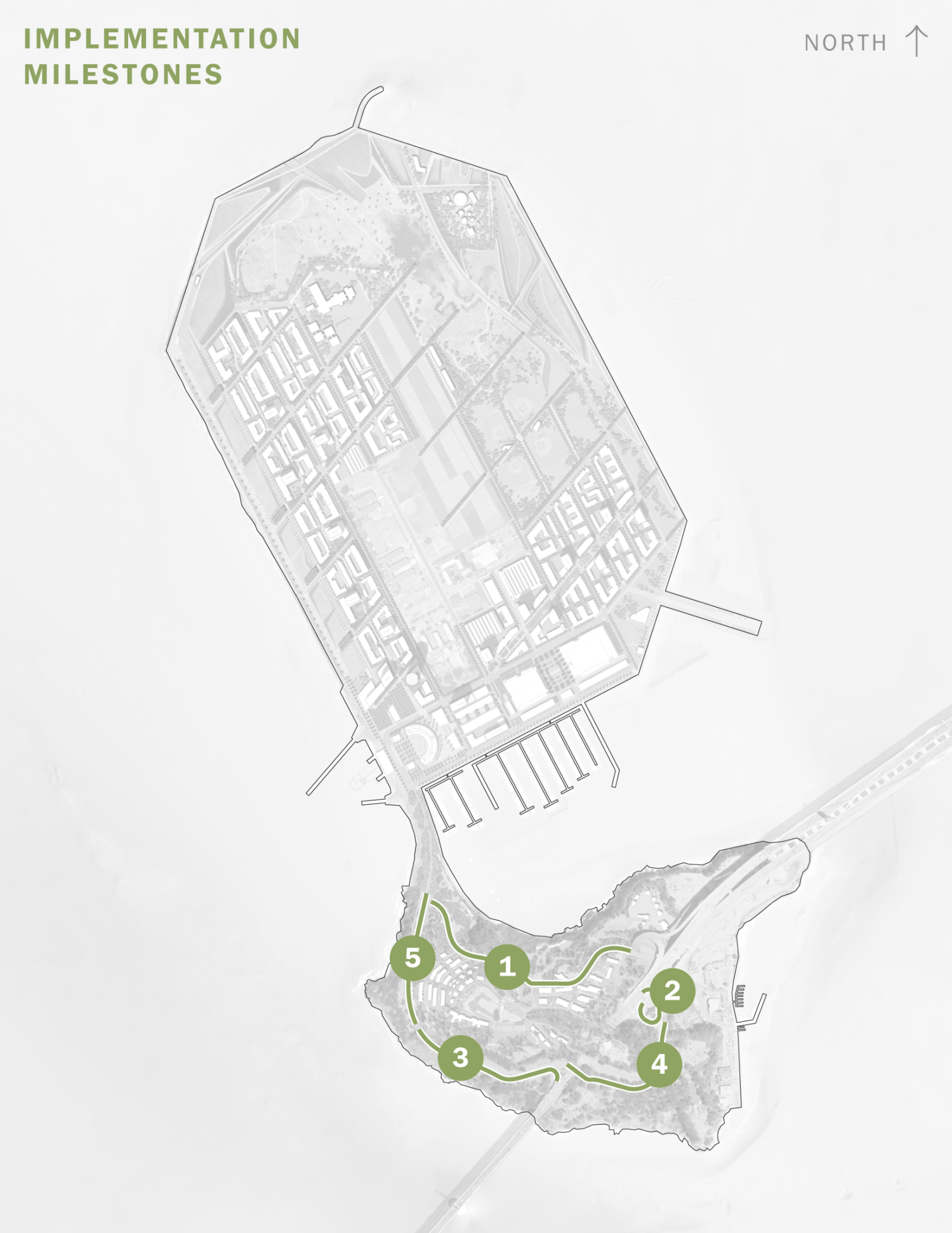 A map of Treasure Island Implementation Milestones, with numbered dots identifying the following projects: (1) Macalla Road; (2) Southgate Road Realignment; (3) West Side Bridges; (4) Hillcrest Road; and (5) Treasure Island Roadway Improvement Project.