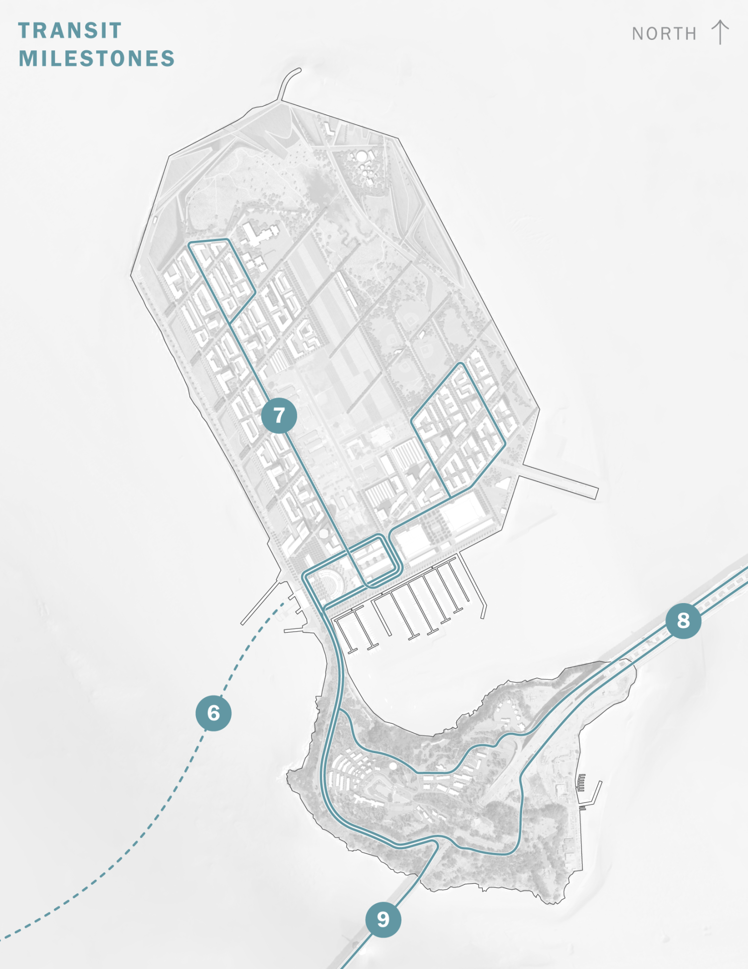 A map of Treasure Island Transit Milestones, with numbered dots identifying the following projects: (6) Ferry Service; (7) On-Island Shuttle Service; (8) East Bay Bus Service; and (9) Increased Muni Bus Service.