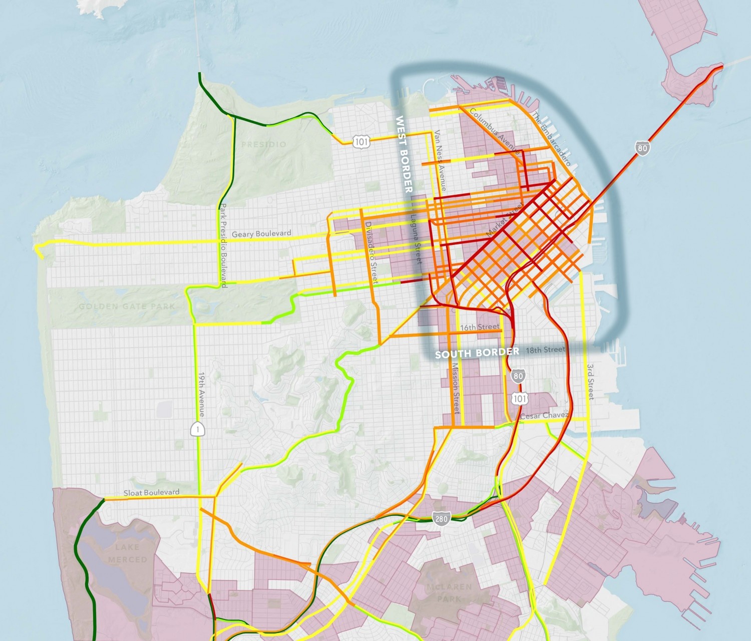 A map of a potential congestion pricing zone, with a western border at Laguna and a southern border on 18th street
