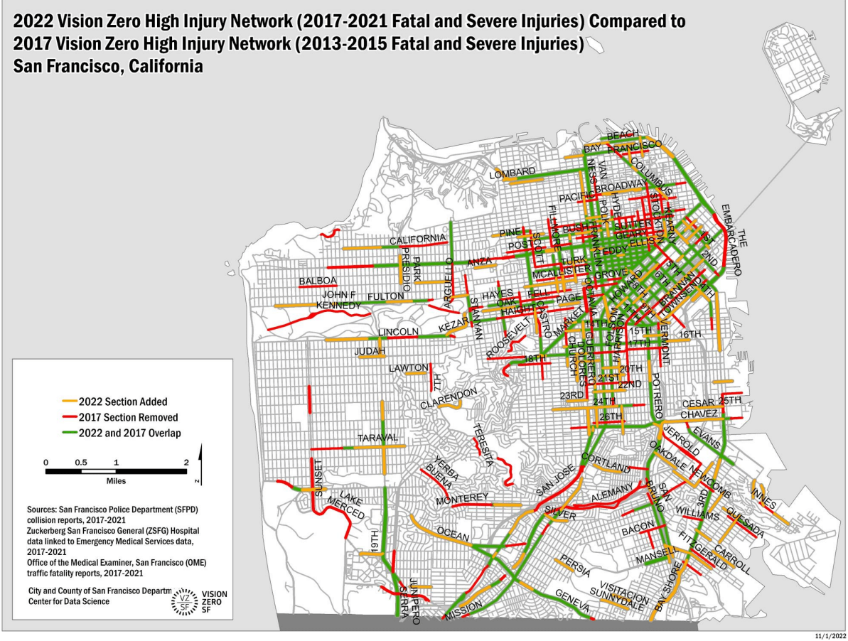 Map showing areas of overlap between the Vision Zero High Injury Network in 2017 and 2022.
