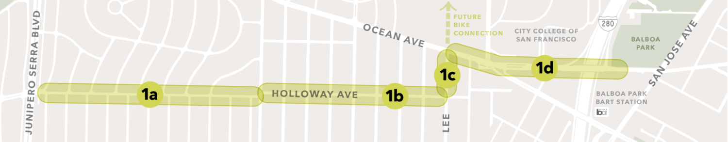 Map showing segments of Ocean Ave highlighted for various proposed improvements