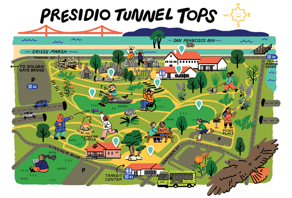 Graphic map of Presidio Tunnel Tops attractions